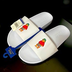 NEW Polo Ralph Lauren Captain White Tropical Beach Bear Slides Sandals Sz.12